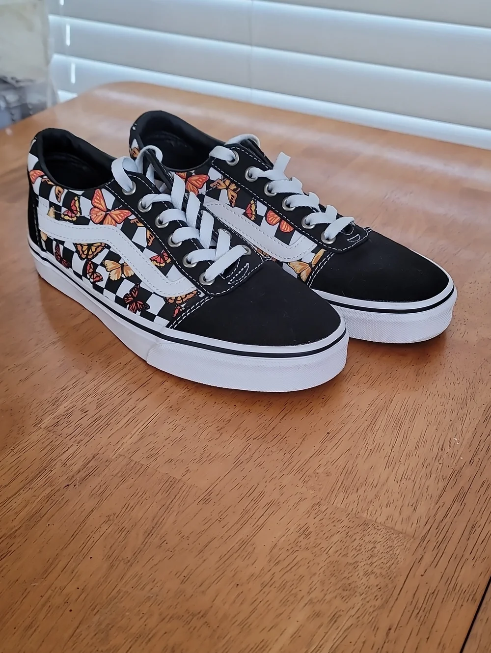 Vans ☆ Old Skool Sneakers - Black/White Checkers w/ Orange Butterflies